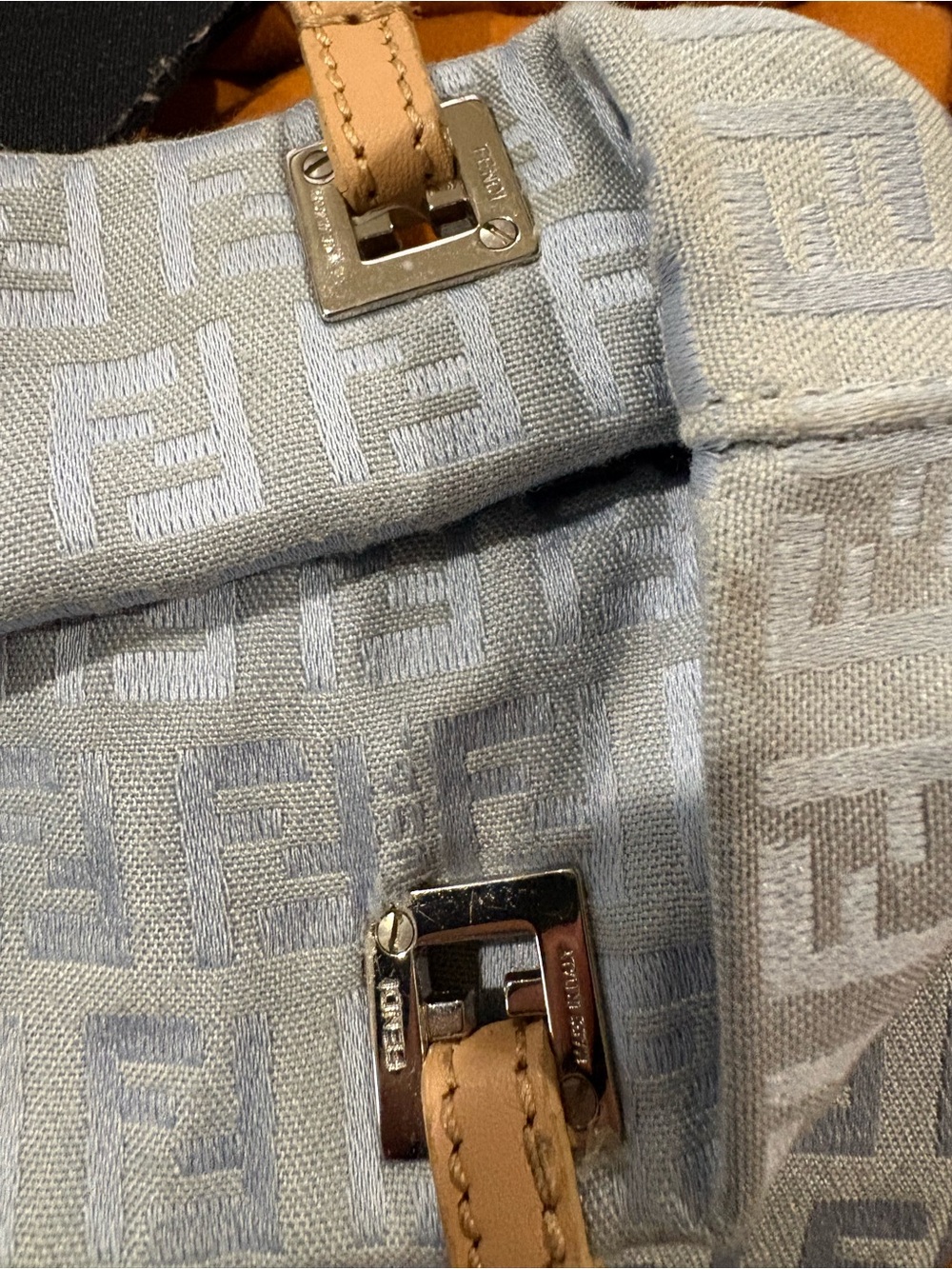 Fendi Light Blue FF Monogram Tote with Tan Leather Straps. - Picture 9 of 16